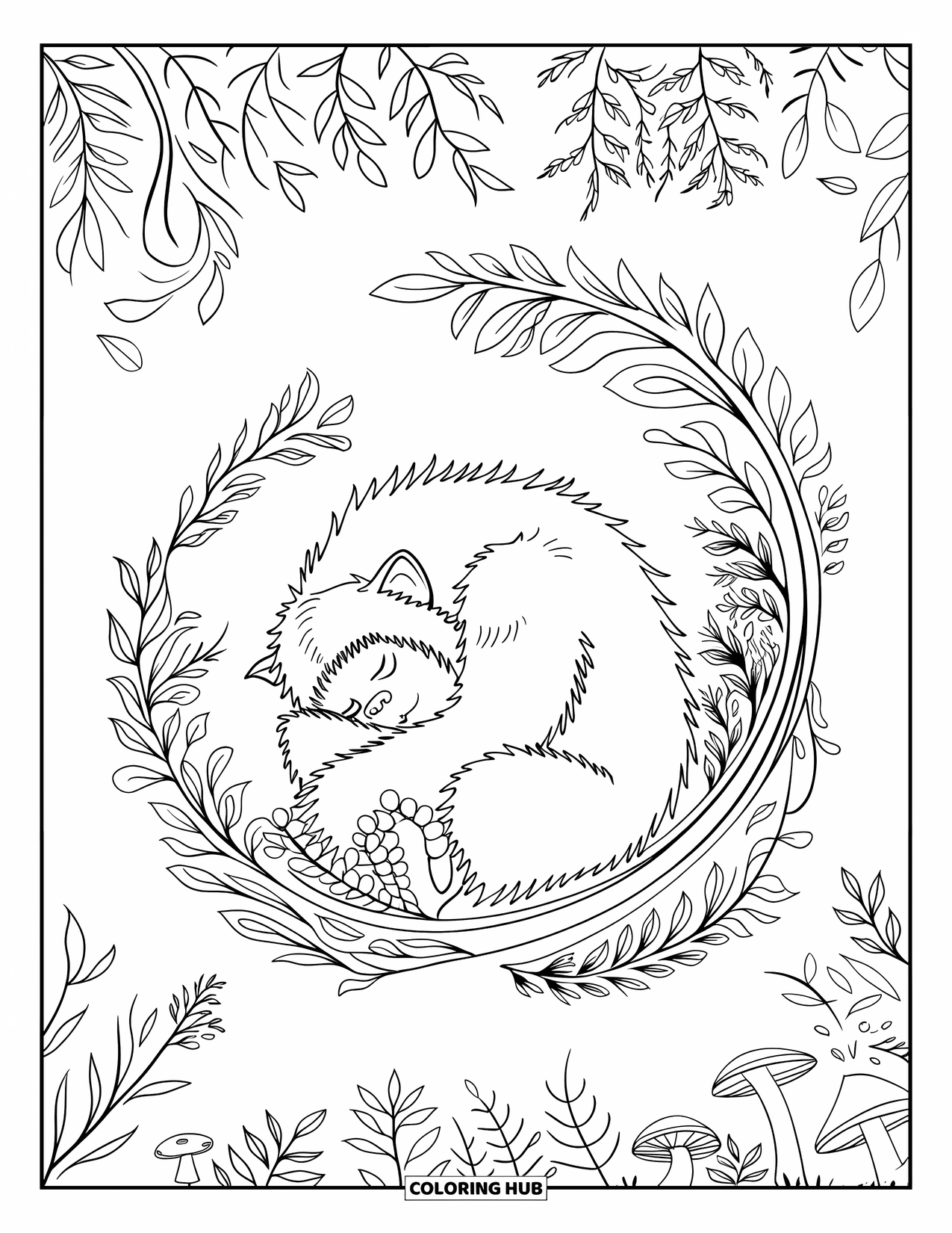Yeti Coloring Page for Adults: A curled-up yeti rests in leafy spirals among trees, plants, and mushrooms
