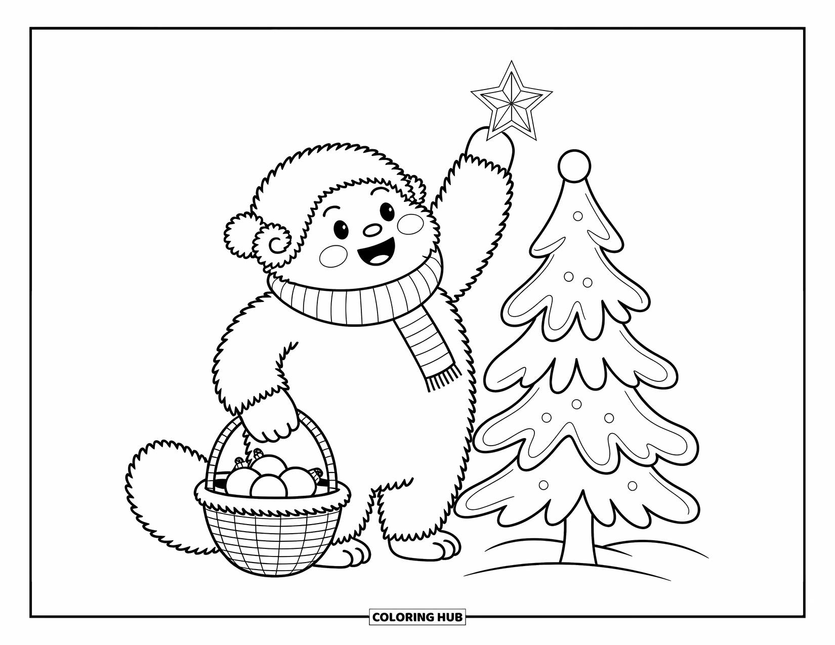 Yeti Coloring Page for Adults: A happy yeti reaches up to top a snowy tree with a star in a cozy forest