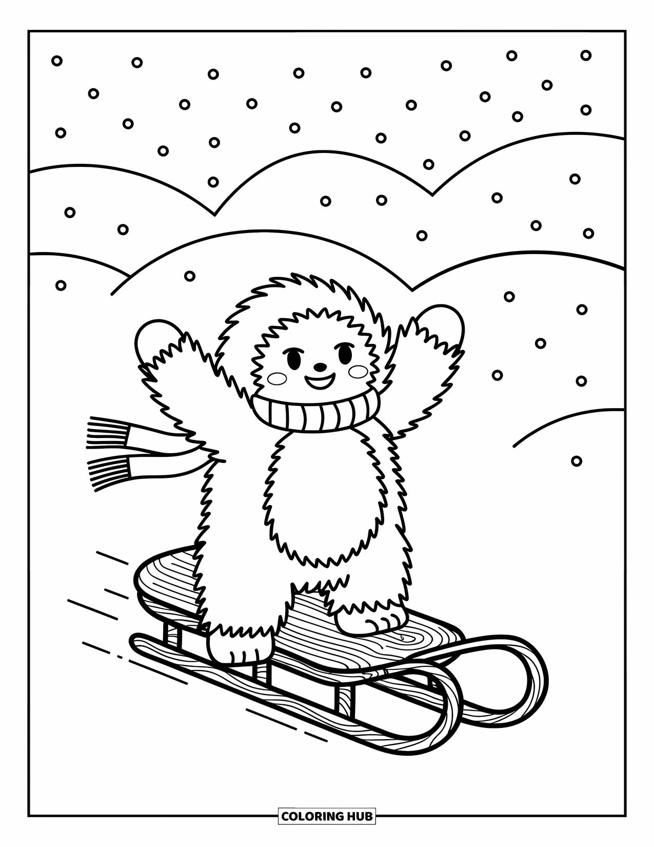 Yeti Coloring Page for Adults: A happy yeti rides a log-shaped sled with arms raised and scarf flying