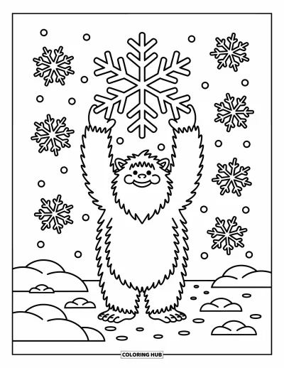 Fargeleggingsark med yeti for voksne: En fornøyd yeti holder et stort snøfnugg mens søte snøfnugg svever i vinterluften