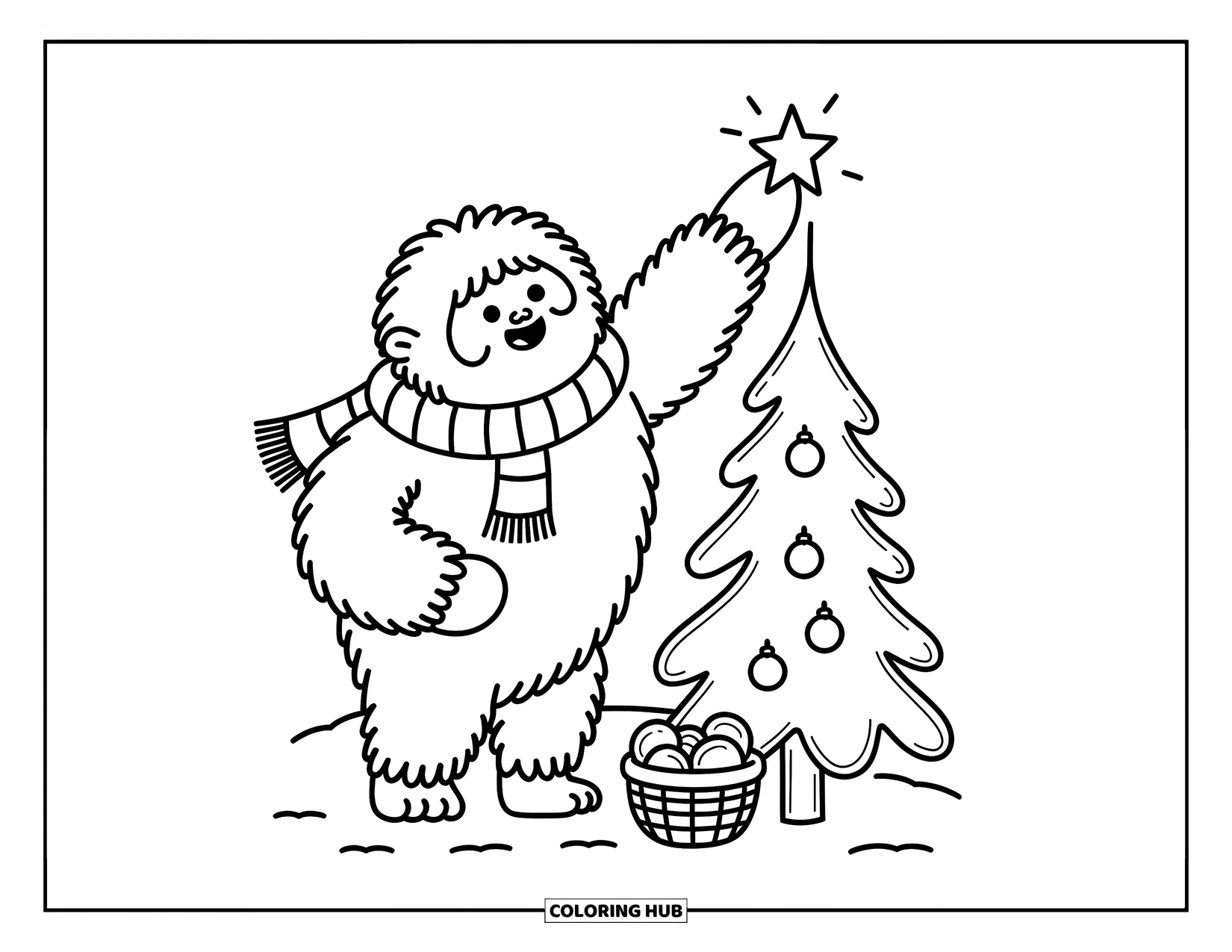Yeti Coloring Page for Adults: A joyful yeti decorates a pine tree with a star and a basket of ornaments