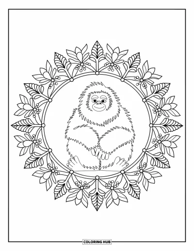 Fargeleggingsark med yeti for voksne: En meditativ yeti er sentrert i et sirkulært mandala av kongler og snøfnugg