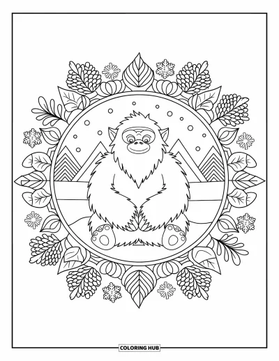 Fargeleggingsark med yeti for voksne: En rolig yeti sitter i midten av et vintermandala med snødekt bakgrunn