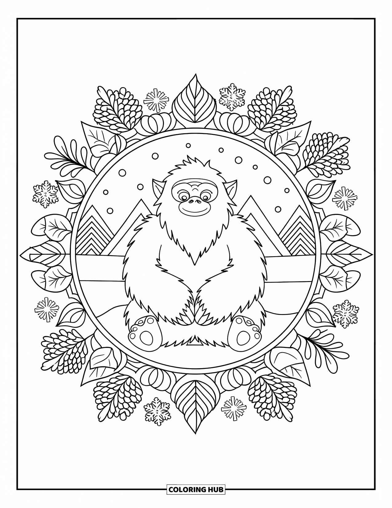 Yeti Coloring Page for Adults: A serene yeti sits in the center of a winter mandala with snowy background