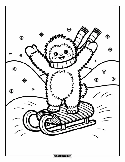 Fargeleggingsark med yeti for voksne: En smilende yeti balanserer på en kjelke med flagrende skjerf og snøfnugg rundt seg