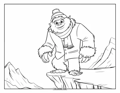 Fargeleggingsark med yeti for barn: En godt pakket yeti står på en klippe med bris og fjellutsikt bak seg