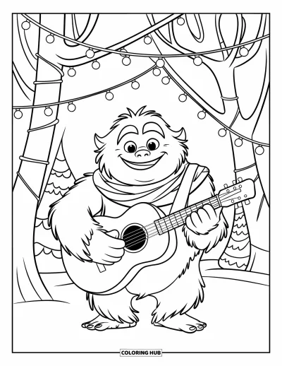 Fargeleggingsark med yeti for barn: En glad yeti spiller gitar under lyslenker i en stille skog