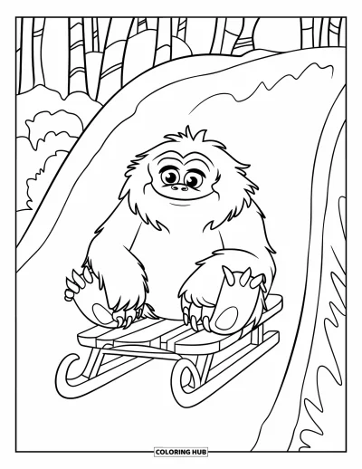 Fargeleggingsark med yeti for barn: En glad yeti med store øyne sitter på en kjelke øverst på en snødekt bakke