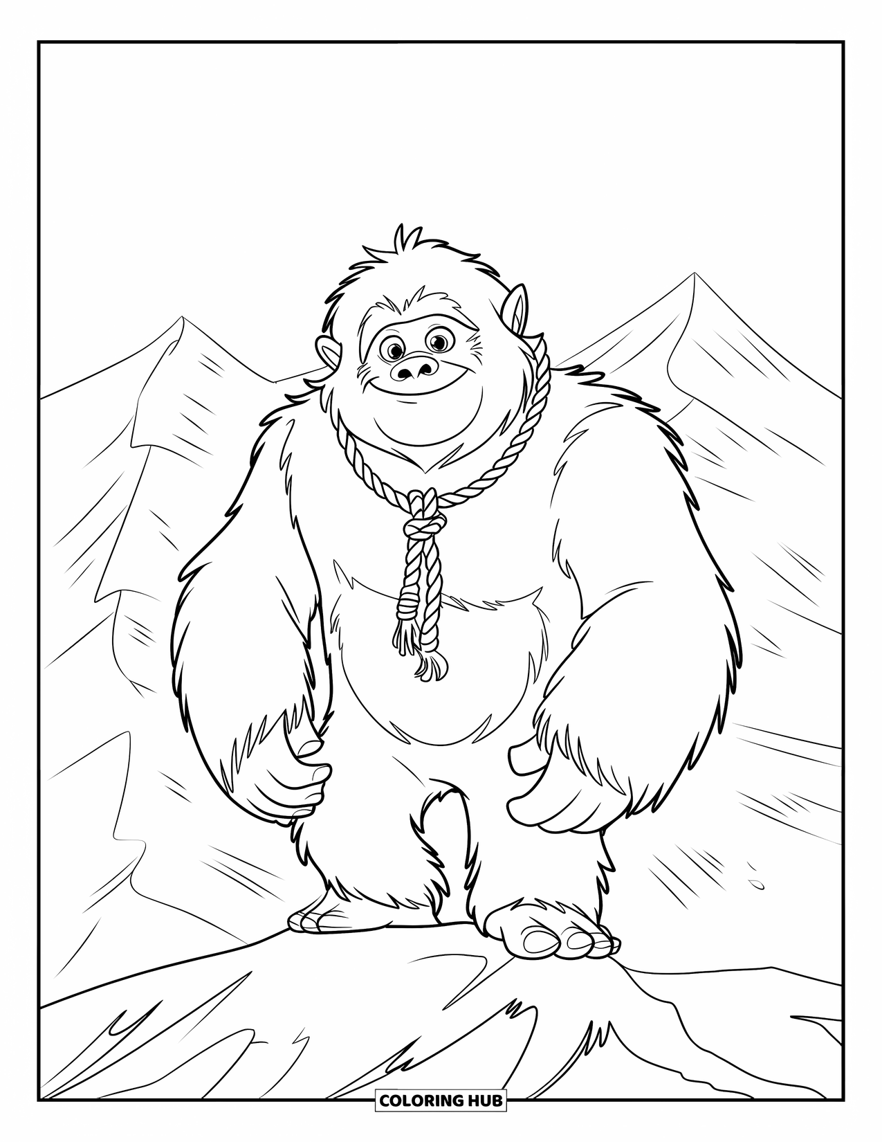 Yeti Coloring Page for Kids: A confident yeti stands tall on a snowy peak with wind blowing around him