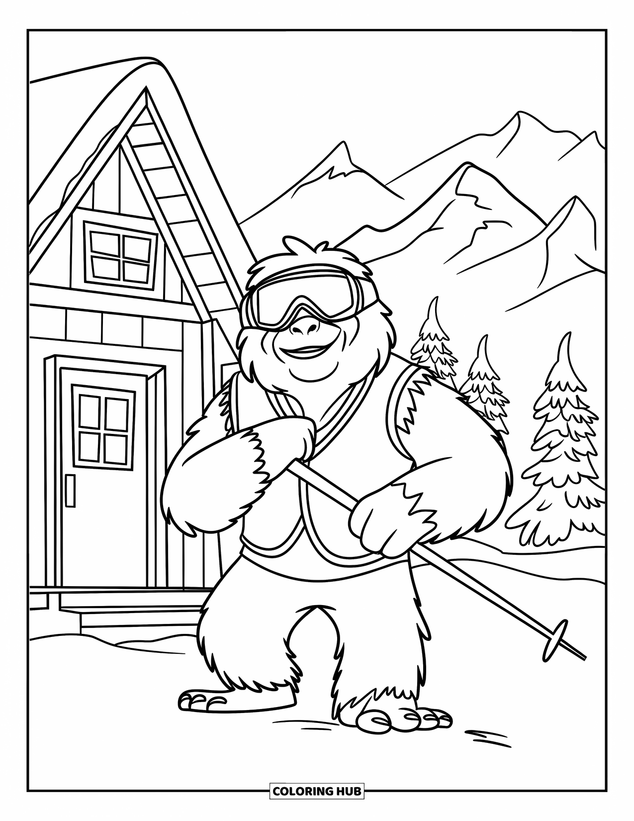 Yeti Coloring Page for Kids: A fashion-forward yeti holds ski poles near a cozy ski lodge and mountains