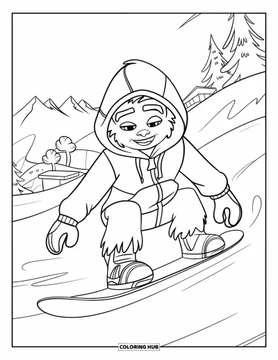 Fargeleggingsark med yeti for barn: En grinnende tenårings-yeti kjører snowboard ned et fjell med lukkede øyne av glede