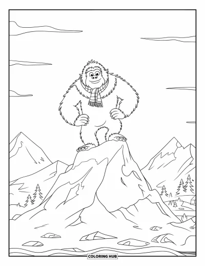 Fargeleggingsark med yeti for barn: En glad yeti med varmt skjerf står på et snødekt fjell over trærne