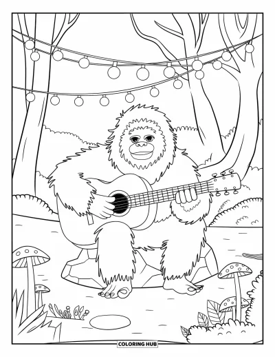 Fargeleggingsark med yeti for barn: En musikkelskende yeti spiller gitar nær sopp og planter i skogen