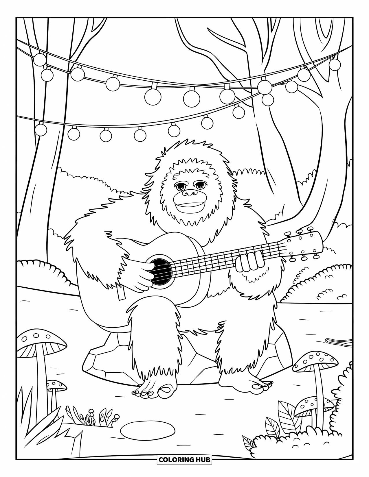 Yeti Coloring Page for Kids: A music-loving yeti strums his guitar near mushrooms and plants in the woods