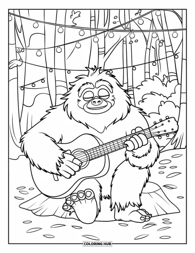 Fargeleggingsark med yeti for barn: En fredelig yeti spiller gitar under trær pyntet med lyslenker