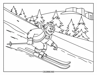 Fargeleggingsark med yeti for barn: En leken yeti kjører på ski ned en snødekt bakke med fjell og trær bak seg