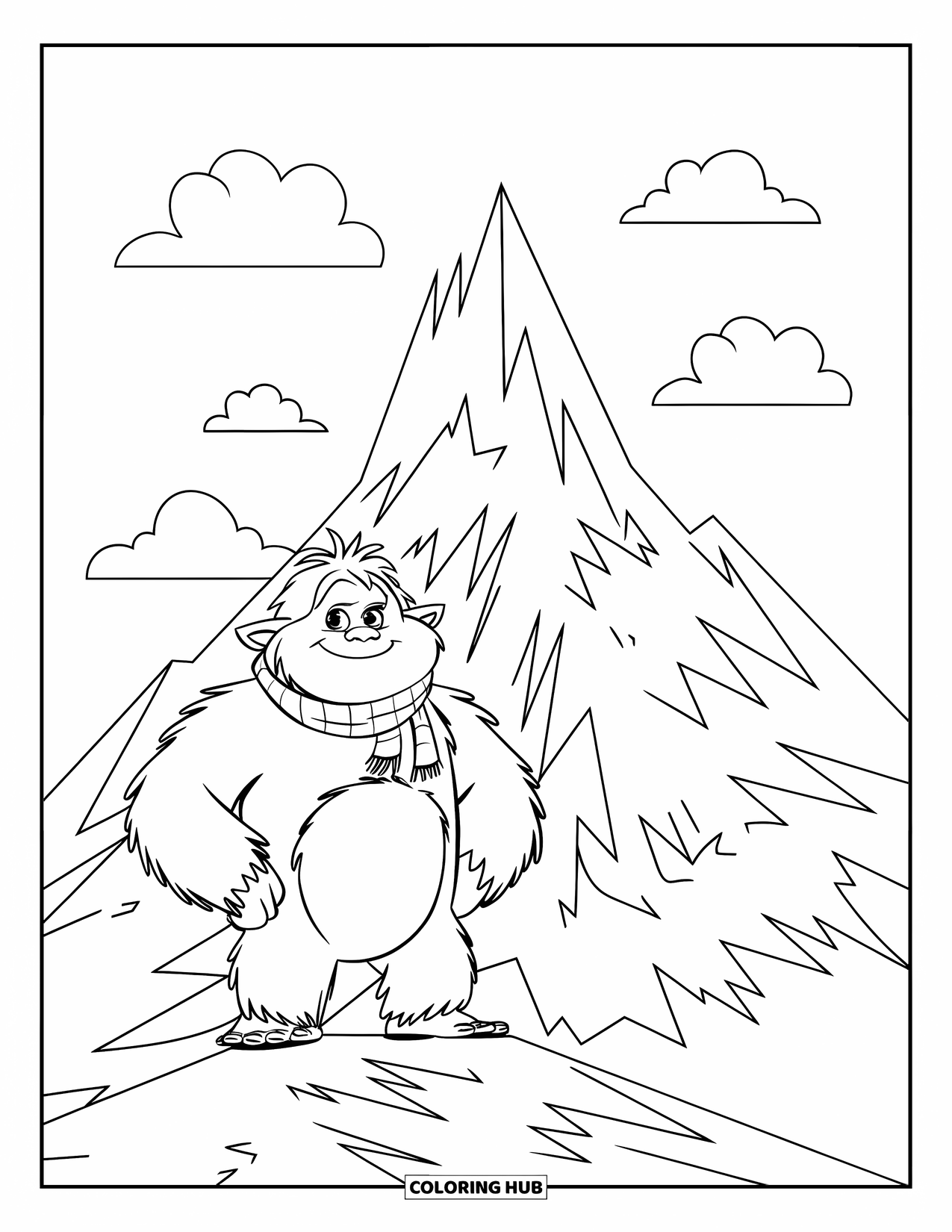 Yeti Coloring Page for Kids: A scarfed yeti smiles confidently atop a snowy peak with clouds swirling around