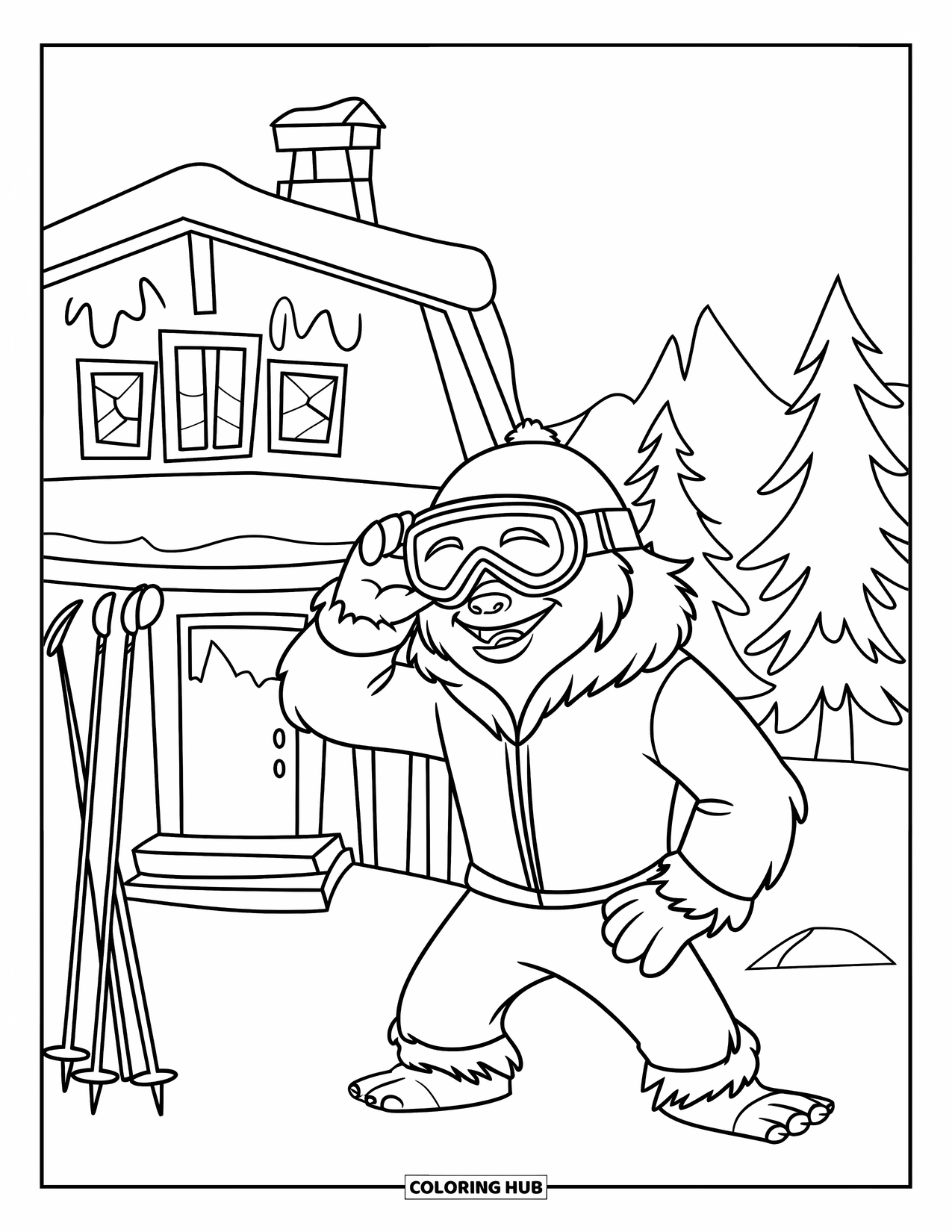 Yeti Coloring Page for Kids: A ski-ready yeti in a snowsuit stands beside a lodge with snowy peaks