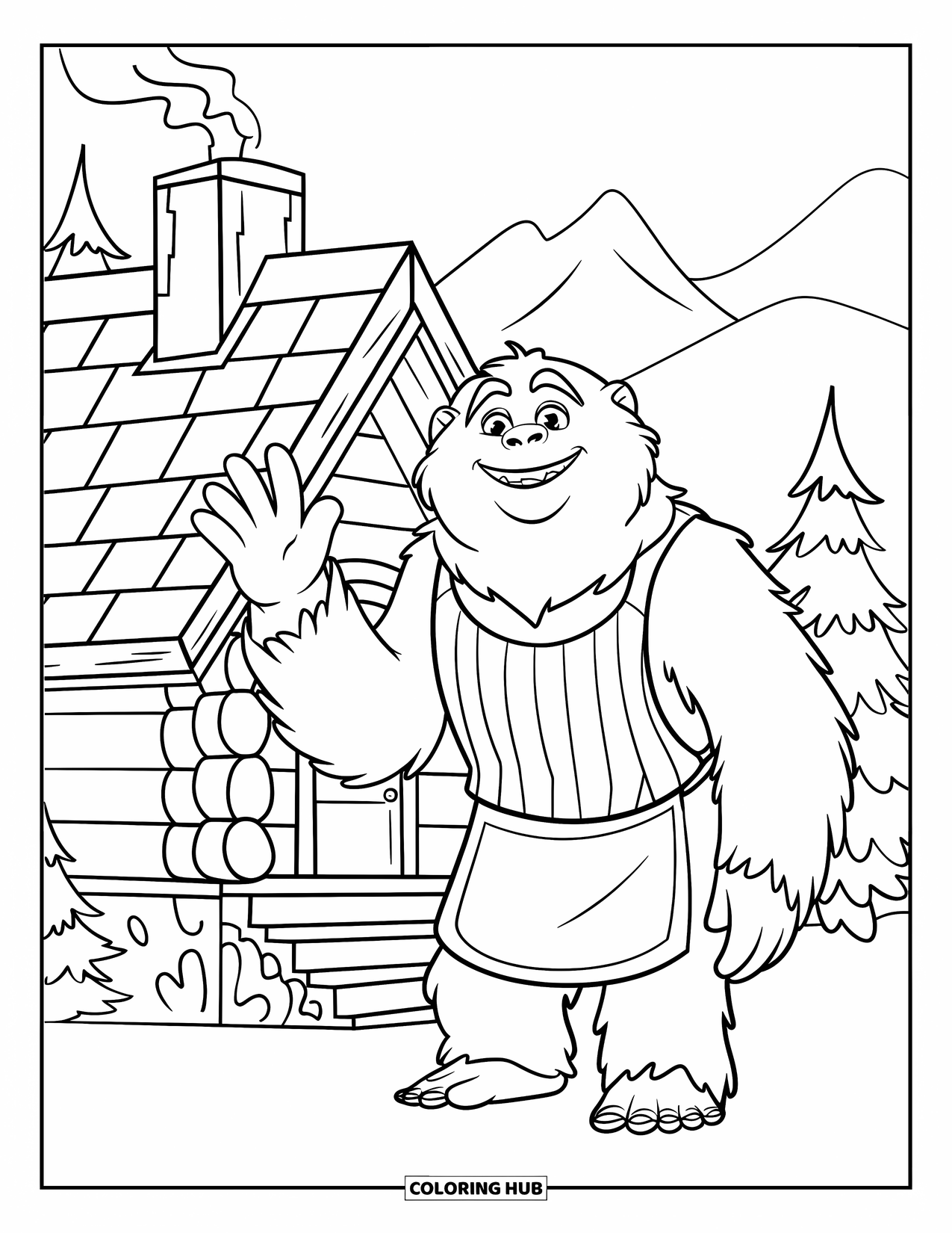Yeti Coloring Page for Kids: A smiling yeti in stripes waves near a cabin with mountains behind