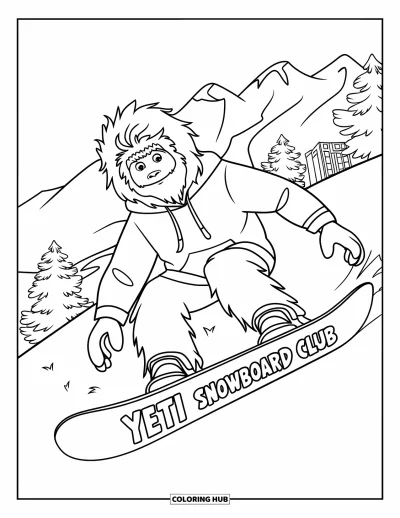 Fargeleggingsark med yeti for barn: En tenårings-yeti i hettegenser kjører snowboard nedover mellom snødekte trær og bygninger