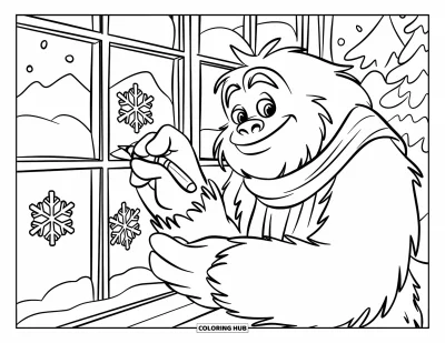 Fargeleggingsark med yeti for barn: En varmtsmilende yeti tegner snøfnugg på et frostdekket vindu i et snølandskap