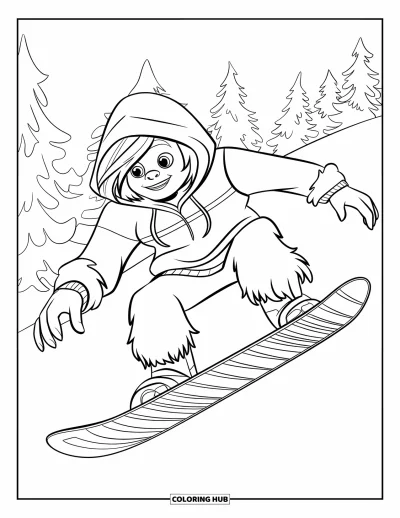 Fargeleggingsark med yeti for barn: En ung yeti i rød hettegenser kjører snowboard forbi snødekte trær