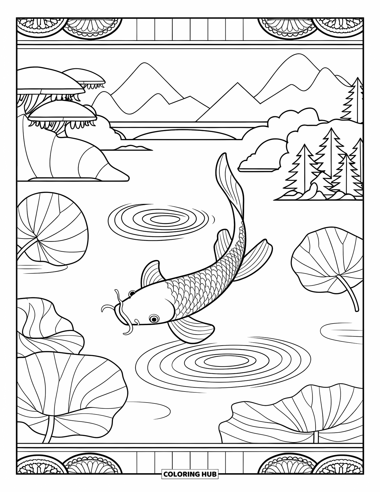 Zen Coloring Page for Adults: A koi fish floats under lotus leaves and gentle ripples