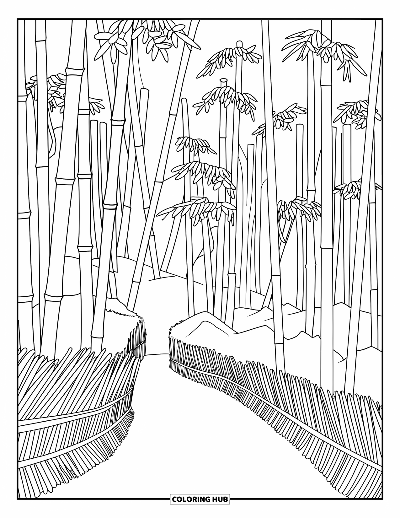 Zen Coloring Page for Adults: A narrow stone path winds through a calm bamboo forest