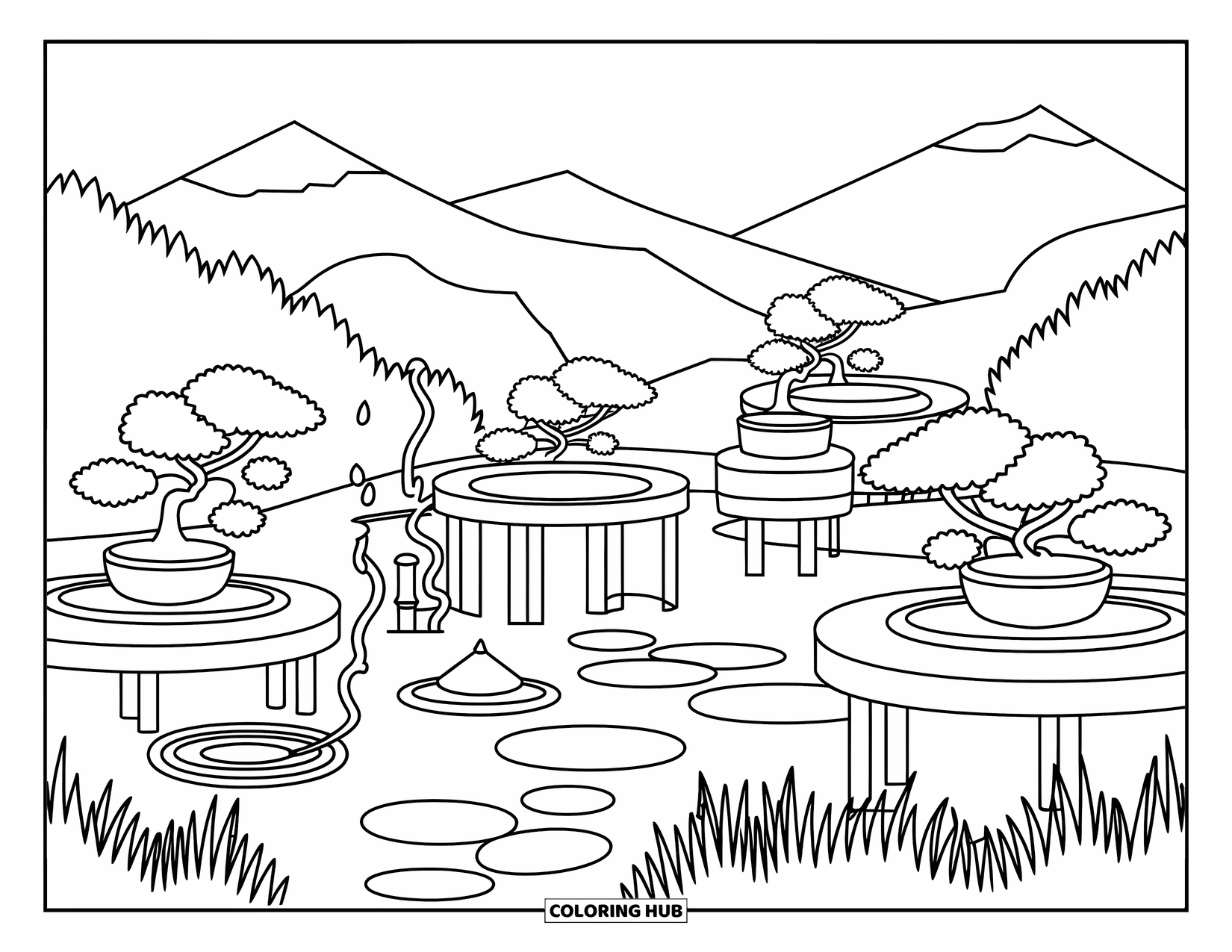 Zen Coloring Page for Adults: A peaceful mountain scene with bonsai, stone paths, and coiled incense