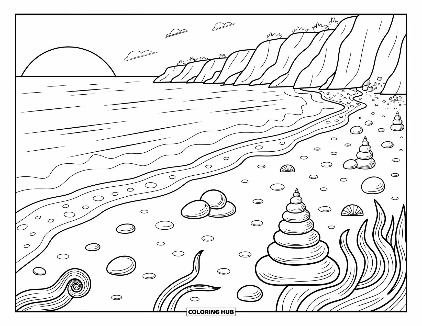 Zen Coloring Page for Adults: A peaceful ocean cove with seashells, seaweed, and gentle waves at sunset