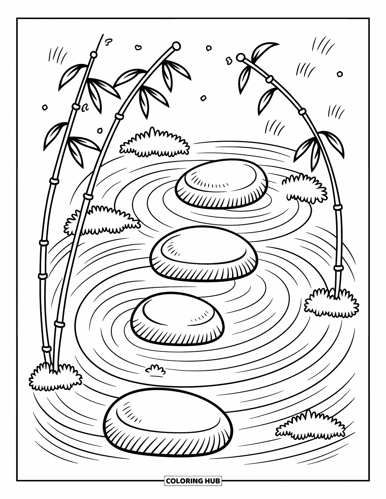Zen Coloring Page for Adults: A tranquil rock garden with stones, moss tufts, and swirling sand