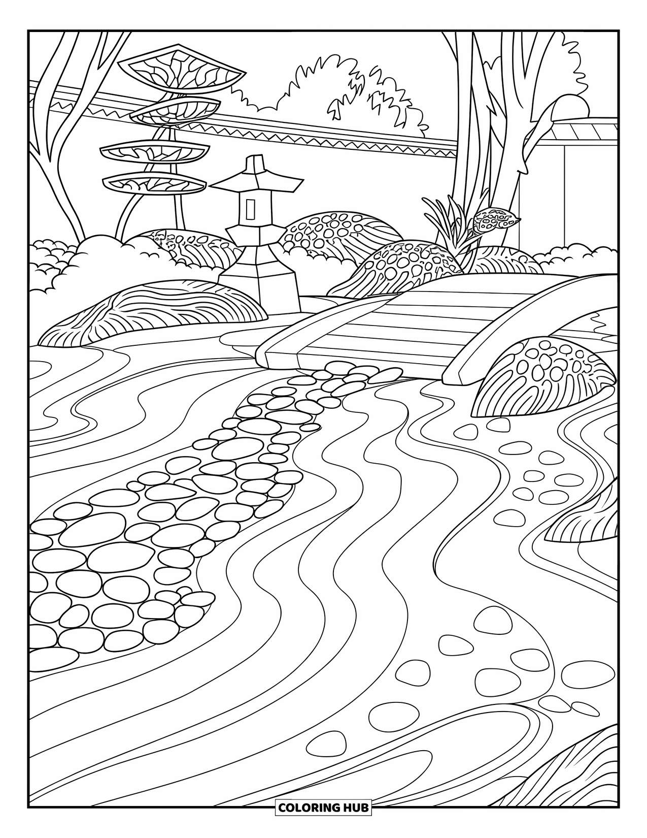 Zen Coloring Page for Adults: A wooden bridge crosses a peaceful garden of raked sand and pebbles