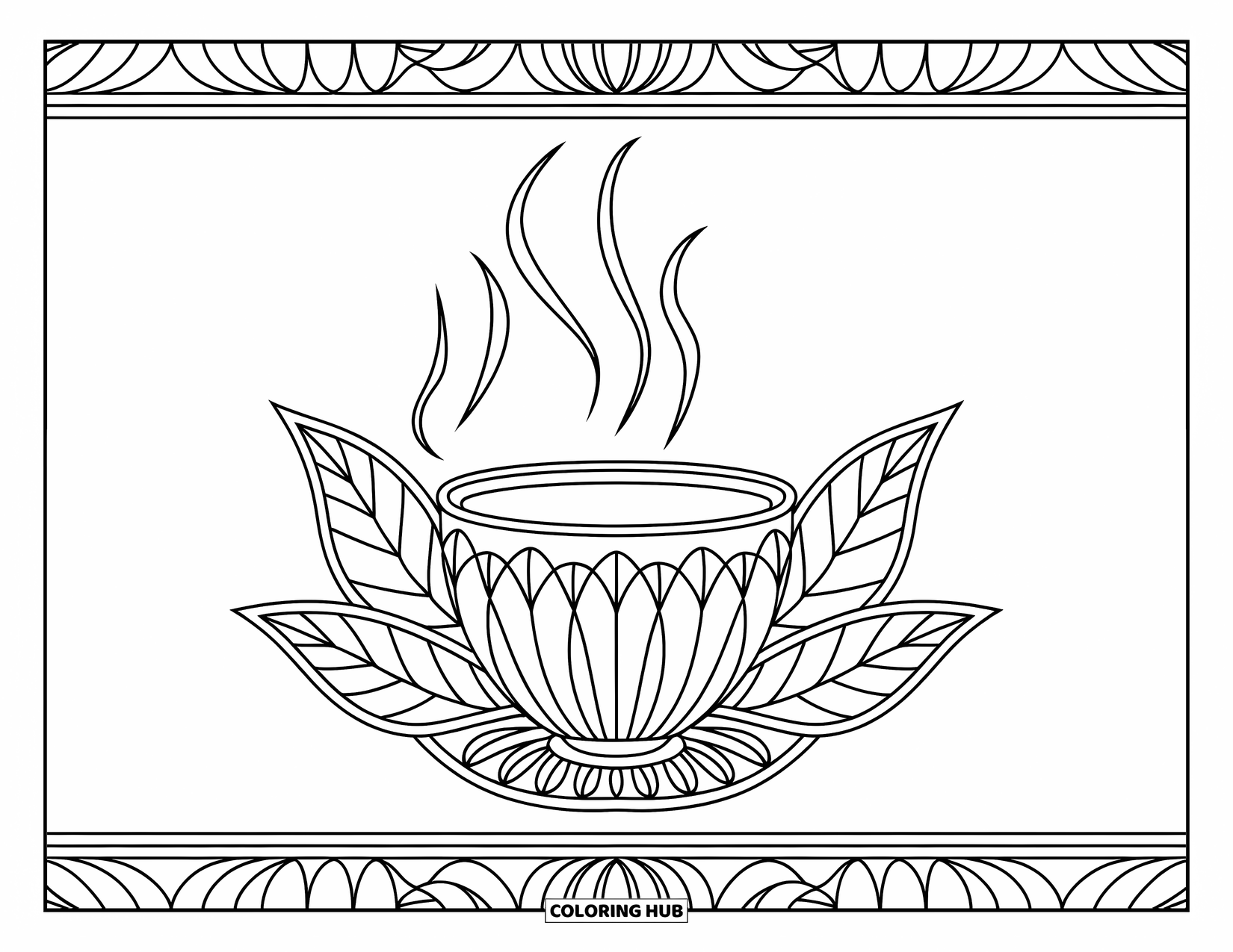 Zen Coloring Page for Adults: A zen teacup surrounded by leaf patterns and a decorative border