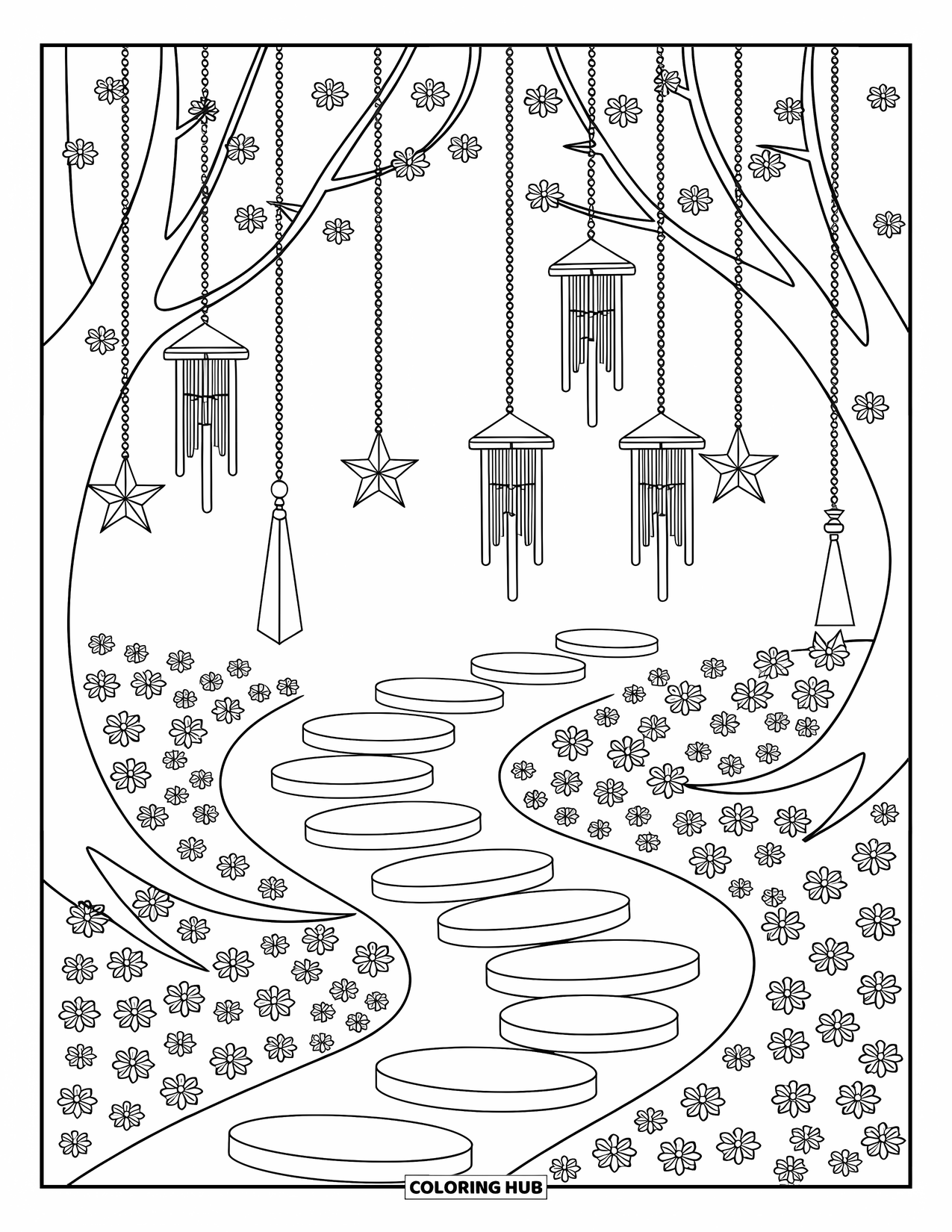 Zen Coloring Page for Adults: Chimes and talismans hang from trees above a cozy garden trail