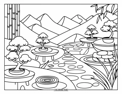Desen de colorat zen pentru adulți: Priveliște de munte cu bonsai, fântâni și poteci prin ierburi
