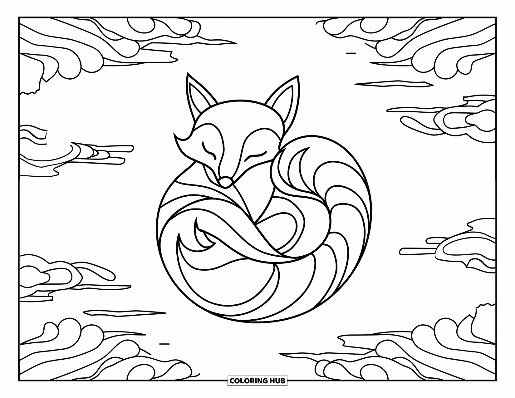 Zen Coloring Page for Adults: Peaceful fox curls up under flowing clouds on a white background