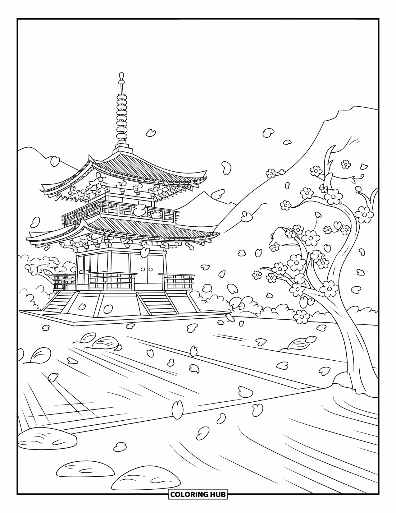 Zen Coloring Page for Adults: Petals fall near a pagoda, garden, and blooming cherry trees