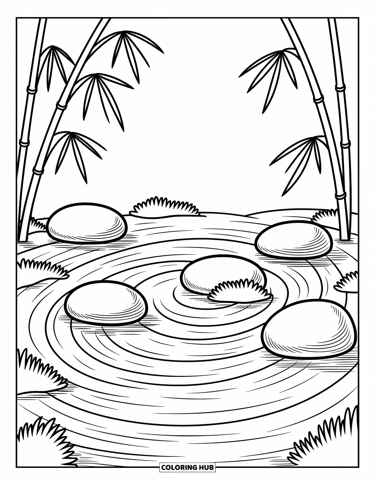 Zen Coloring Page for Adults: Round stones and soft sand patterns fill a peaceful rock garden