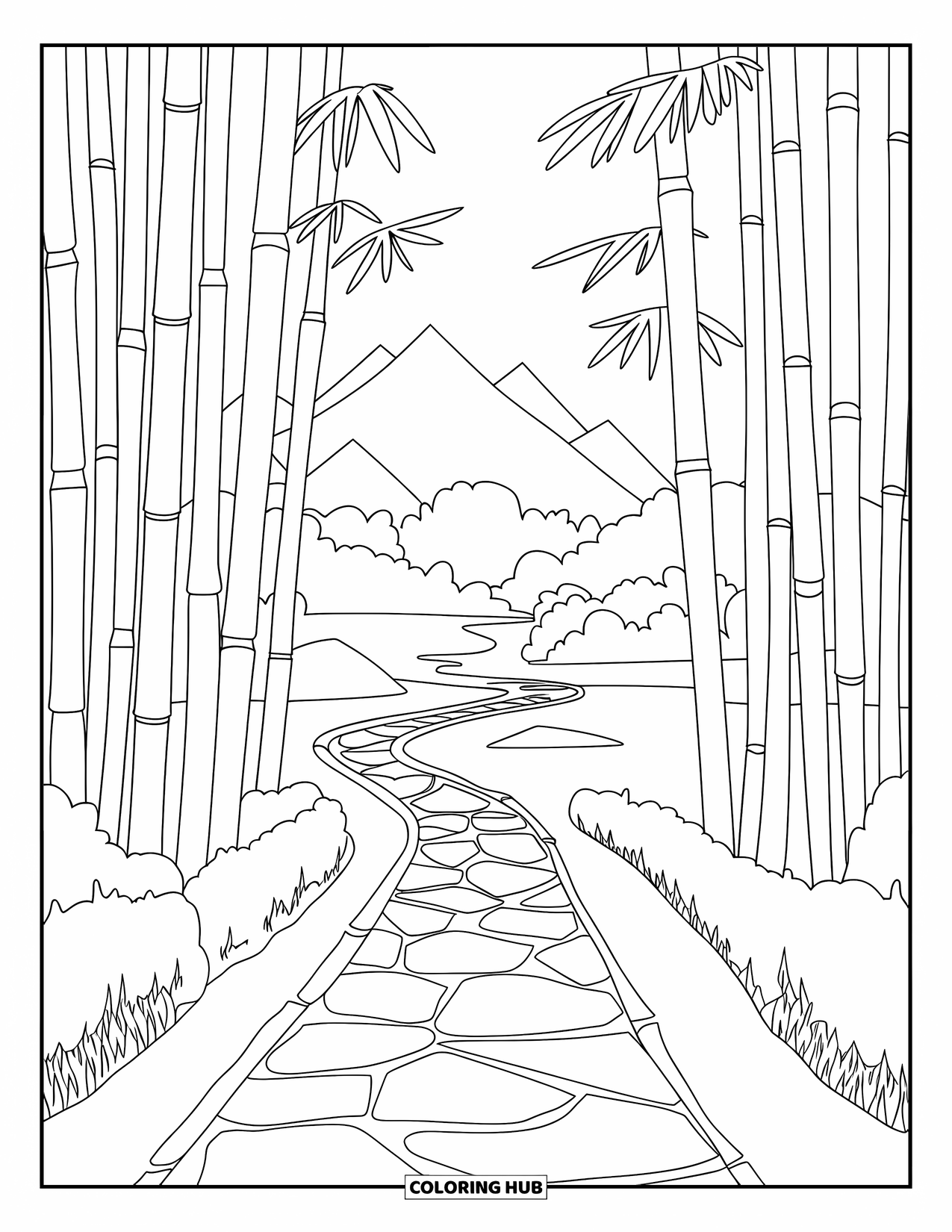 Zen Coloring Page for Adults: Stone path winds through bamboo with mountains and a river nearby