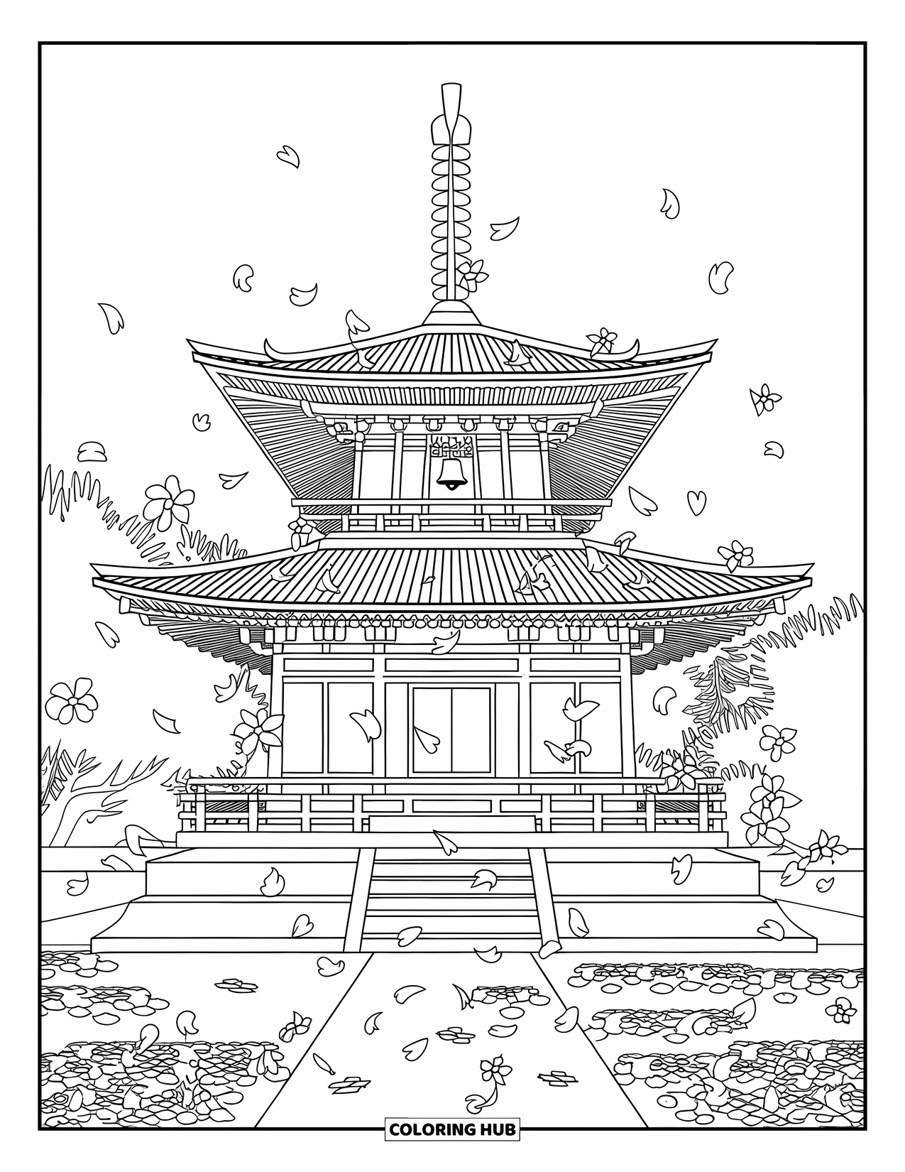 Zen Coloring Page for Adults: Stone steps and blossoms lead to a pagoda under leafy trees