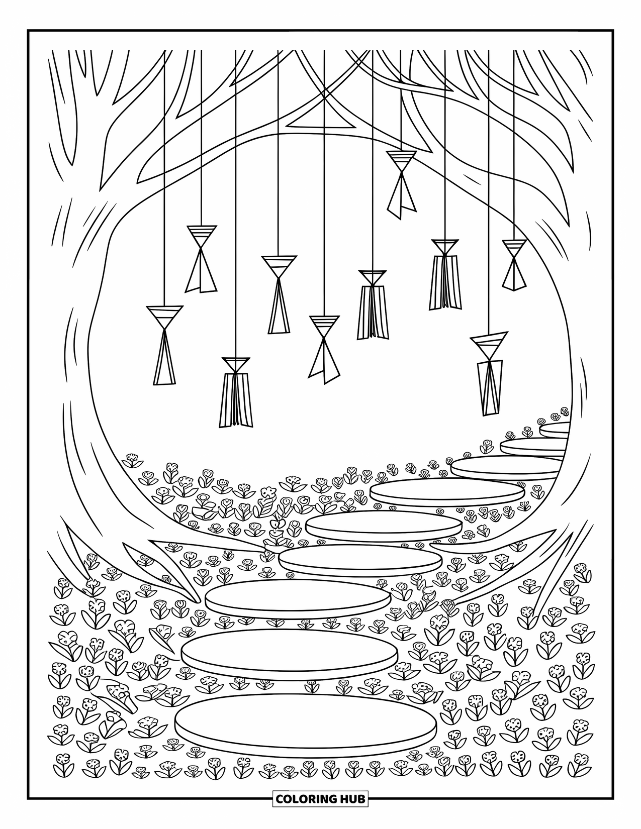 Zen Coloring Page for Adults: Swaying windchimes and tiny blooms fill a peaceful forest grove
