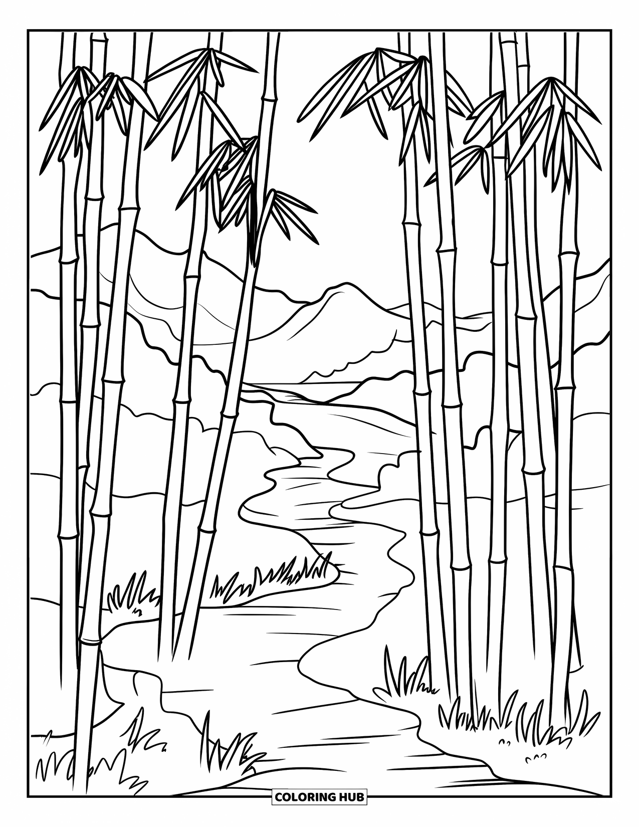 Zen Coloring Page for Adults: Tall bamboo stalks frame a quiet path through the forest