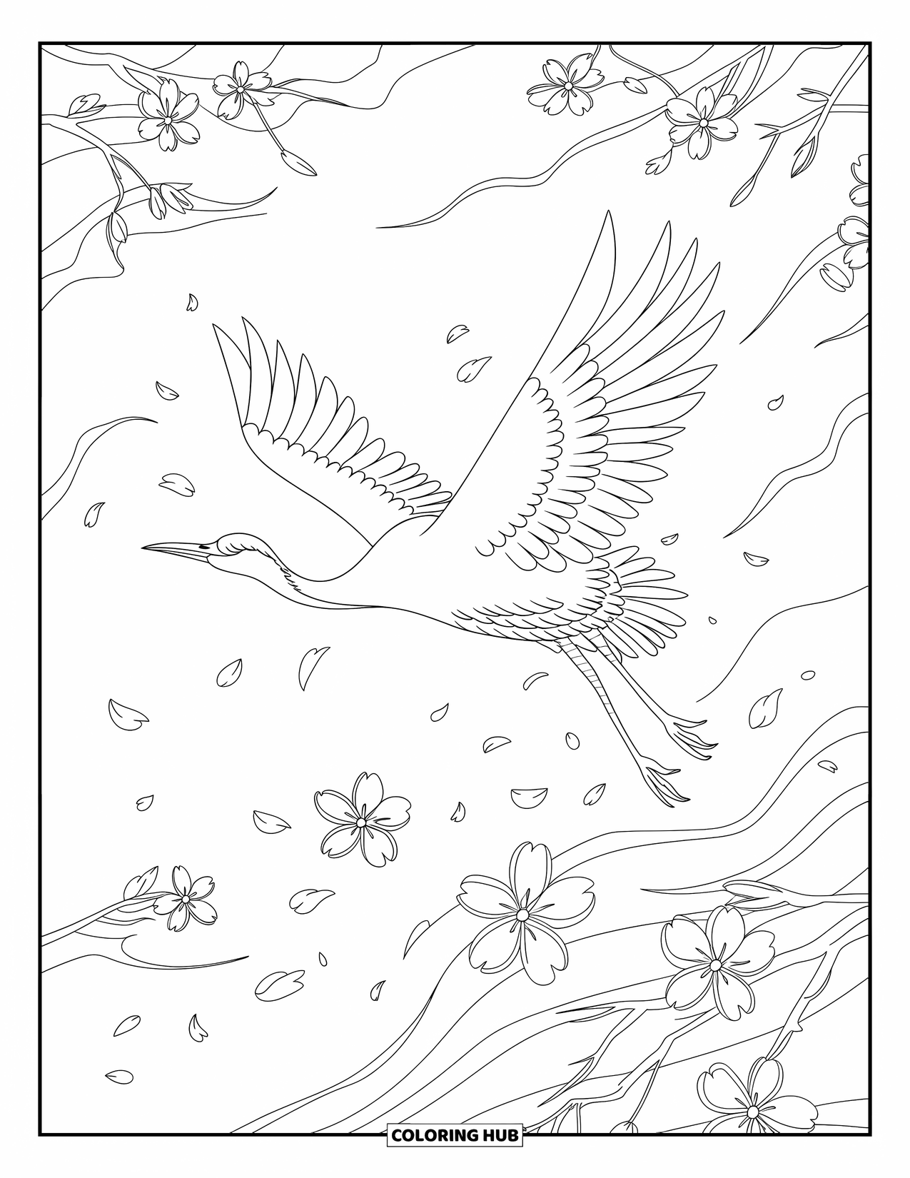Zen Coloring Page for Kids: A crane in flight with blossoms gently drifting down