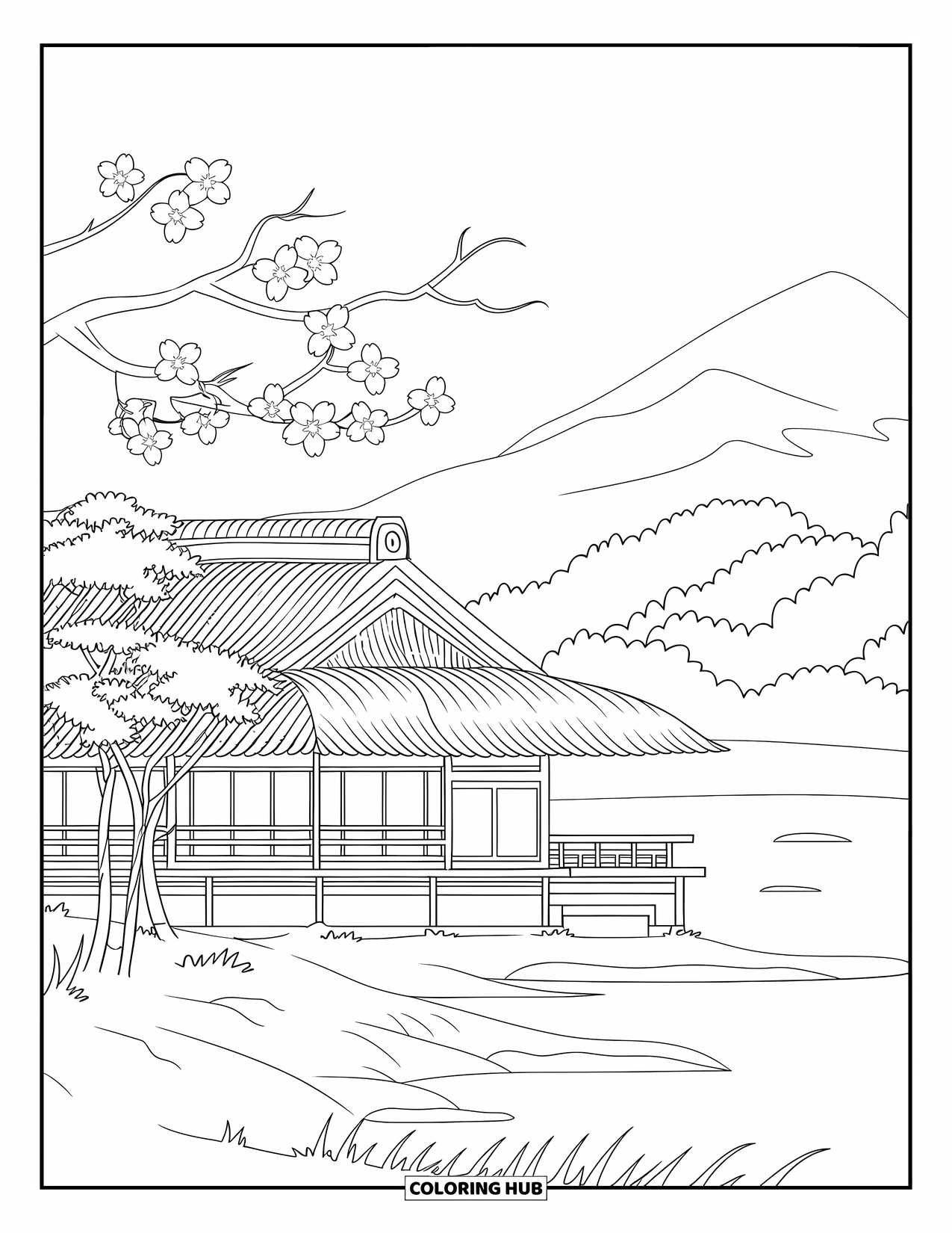 Zen Coloring Page for Kids: A distant tea house under blooming sakura trees