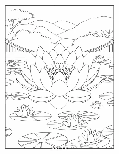 Desen de colorat zen pentru copii: O floare mare de lotus plutește calm printre frunzele de nufăr