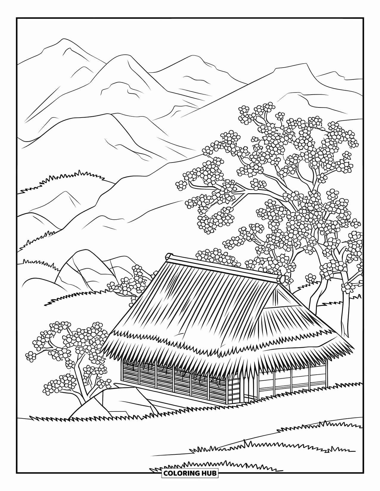 Zen Coloring Page for Kids: A peaceful tea house sits under flower-filled sakura trees