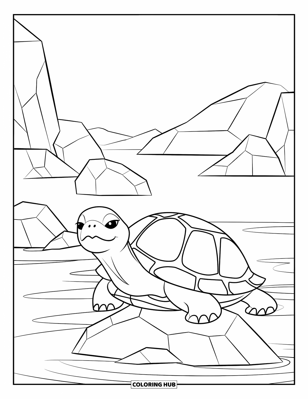 Zen Coloring Page for Kids: A turtle sits quietly on a rock in calm waters