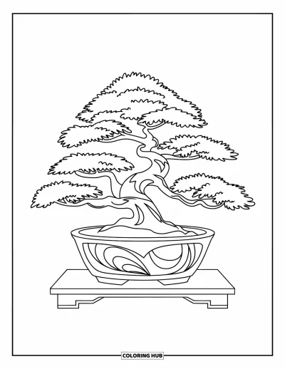 Desen de colorat zen pentru copii: Un bonsai răsucit într-un ghiveci cu modele decorative