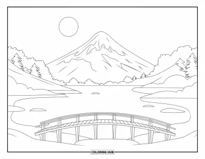 Desen de colorat zen pentru copii: Pod peste un lac calm cu un munte și lună deasupra