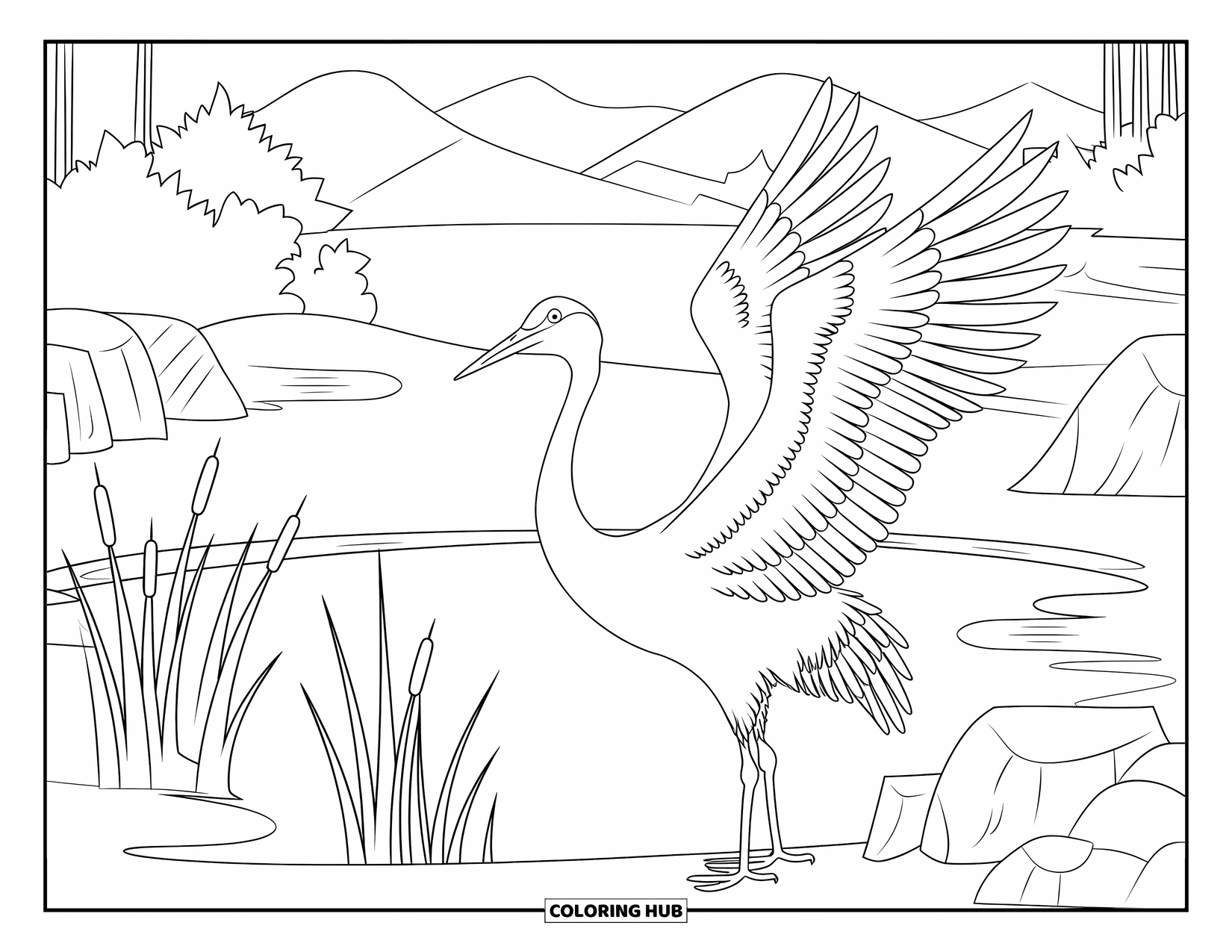 Zen Coloring Page for Kids: Cranes with wings wide open stand by a mountain pond